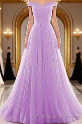 Beautiful Lavender Tulle Off Shoulder Long Semi Formal Prom Dress, Beautiful Party Gowns